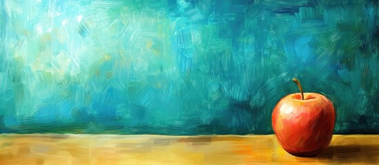 Aufkleber - Artistic depiction of a single red apple resting on a wooden surface against a vibrant blue textured background.