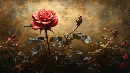Leinwandbilder - Throned red rose with buds and dramatic lighting against a softly textured background evokes elegance and beauty in nature.