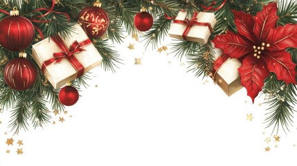 Poster - Festive Christmas tree decorations with red ornaments and gifts on a white background for holiday and seasonal design themes