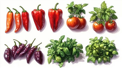 Poster - Colorful assortment of chilies and tomatoes with fresh basil leaves arranged artistically on white background for culinary and gardening themes