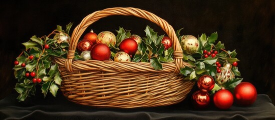 Aufkleber - Woven basket filled with festive Christmas ornaments and greenery on a dark background