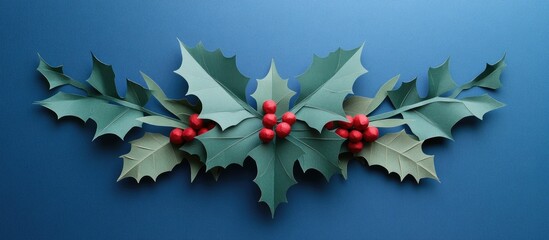 Poster - Christmas holly berries paper craft decoration elegant top view arrangement on blue background for festive holiday designs