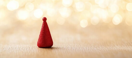Poster - Red Christmas cap on wooden floor with blurred golden bokeh background creating a festive atmosphere for holiday celebrations and decorations.
