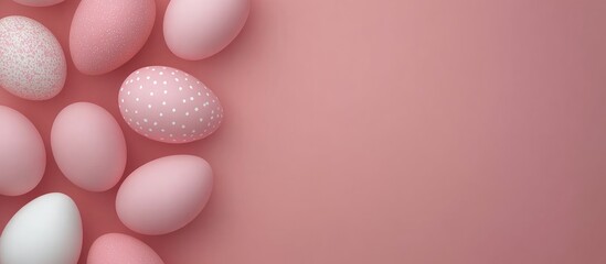 Poster - Decorative Pink Eggs for Celebrations Overhead View with Copy Space for Text or Work Presentation in a Soft Pink Background
