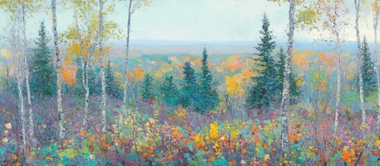 Aufkleber - Vibrant autumn forest landscape showcasing colorful foliage and evergreen trees under a clear sky in a serene natural setting