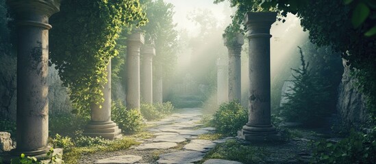 Aufkleber - ancient stone pathway framed by columns and lush greenery leading to a mysterious historical site in