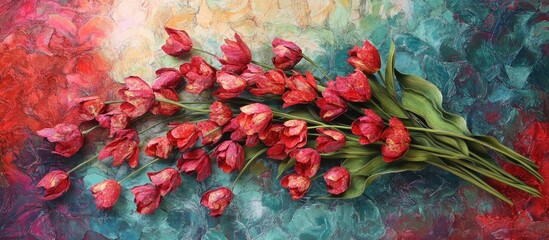Leinwandbilder - Beautiful arrangement of pink tulips on a colorful textured backdrop with ample blank space for creative use in designs and advertisements