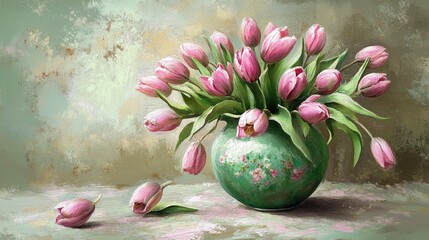 Poster - A beautiful vase overflowing with a vibrant bouquet of pink tulips showcasing elegance and floral artistry in a serene setting