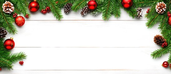 Aufkleber - Festive Christmas Frame with Pine Branches and Ornaments on Wooden Table Top for Winter Holiday Decoration and Copy Space