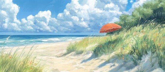 Aufkleber - Serene seaside landscape with a bright sun umbrella and windbreak amidst lush grass and gentle ocean waves under a clear blue sky