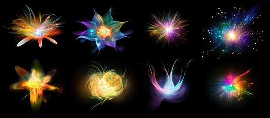 Aufkleber - Colorful abstract glowing light bursts in various shapes for celebration backgrounds and festive designs on a dark backdrop