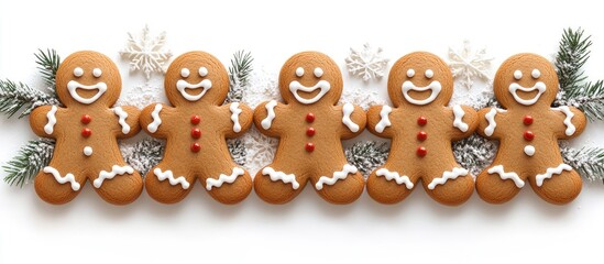 Poster - Festive gingerbread cookies arranged on a white background with pine sprigs and snowflake decorations for a cheerful Christmas theme