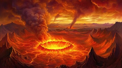 Poster - Volcanic Eruption at Night Showcasing Fiery Lava and Erupting Smoke in a Dramatic Landscape
