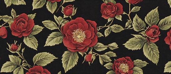Poster - Elegant vintage pattern of red roses with green leaves on a dark background perfect for wallpaper or fabric design projects.