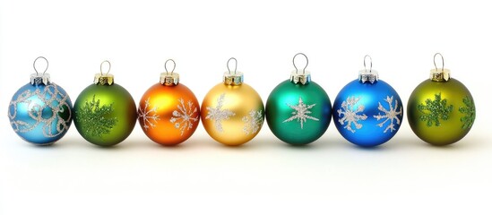 Aufkleber - Colorful Christmas tree ornaments arranged in a row showcasing various designs and colors on a clean white background for festive decor.