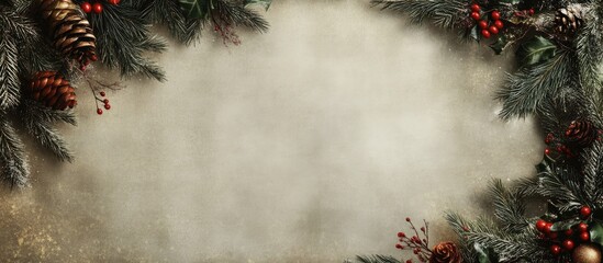 Aufkleber - Christmas decoration with evergreen branches and pinecones creating a blank space for personalized text or messages during the festive season