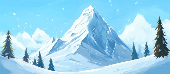 Aufkleber - Majestic snow capped mountain landscape with evergreen trees under a bright blue sky capturing the essence of winter serenity