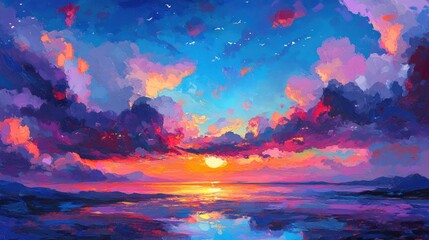 Poster - Stunning sunset over the ocean with vibrant clouds reflecting colors in the sky and water creating a serene landscape scene