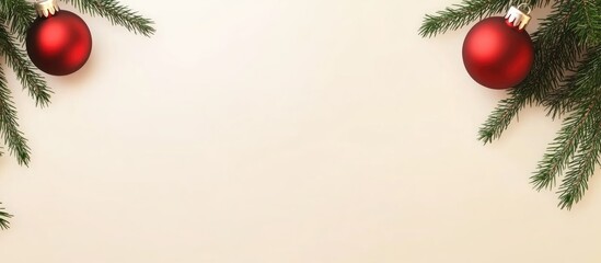 Poster - Red Christmas ornaments hanging on a green fir tree with warm lighting creating a cozy home decoration atmosphere and ample copy space.