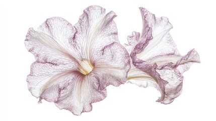 Poster - Delicate petunia flowers with soft pink and white hues, isolated on a clean white background, ideal for floral design, nature themes, vibrant colors, botanical illustration.