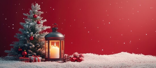 Poster - Candle lantern and decorated Christmas tree with gifts on snowy ground against a festive red backdrop in holiday celebration setting