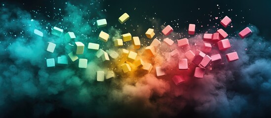 Poster - Colorful abstract smoke with floating cubes creating a vibrant backdrop for text or graphic design purposes.