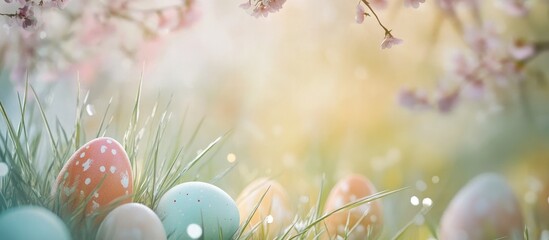 Poster - Easter greeting card design with painted eggs in grassy meadow surrounded by blossoms and a soft blurred nature background