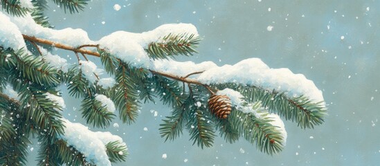 Poster - Snow-covered fir branch with pine cone against a serene winter landscape ideal for seasonal greeting cards or holiday decorations.