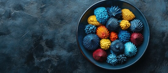 Poster - Colorful homemade gingerbread cookies artistically arranged on a dark ceramic plate against a textured concrete background for festive decor