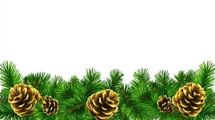 Poster - Festive Christmas green border adorned with pinecones on a clean white background for holiday themed designs and decorations