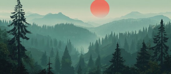 Poster - Serene landscape with misty mountains and a large red sun setting behind evergreen trees in a tranquil forest scene