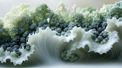 Poster - Intricate fractal patterns of fresh broccoli against a soft white background showcasing natural beauty and healthy eating concepts.