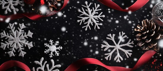 Poster - Festive Christmas card design with snowflakes red ribbons and pine cones on dark background evoking holiday spirit and winter charm