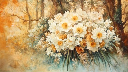 Leinwandbilder - Vibrant bouquet of white and orange daffodils set against a soft blurred background of nature's hues and textures.