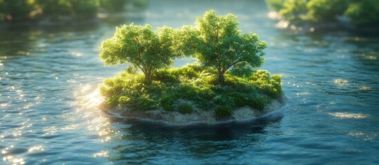 Poster - Lush green shrubs on a serene tiny island surrounded by tranquil waters and soft sunlight gleaming through the foliage.