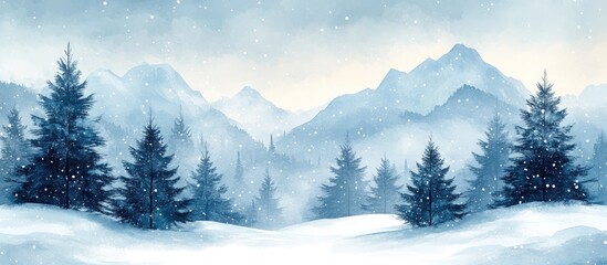 Poster - Serene winter landscape with snow-covered mountains and evergreen trees creating a tranquil and picturesque scene ideal for seasonal designs.