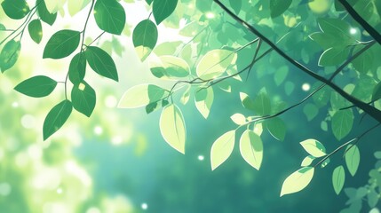 Poster - Close up of lush green leaves on a branch glowing in sunlight with a softly blurred foliage background showcasing nature's beauty
