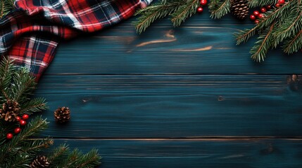 Aufkleber - Winter holiday background with blanket pine branches and festive decorations on dark wooden surface for Christmas and New Year celebrations