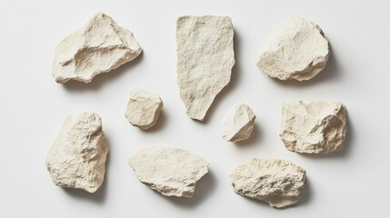 Poster - Pressed stone deposits arranged artistically on a clean white background showcasing natural texture and variety in shape and size.