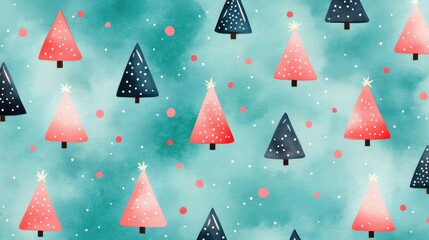 Aufkleber - Festive Christmas Tree Pattern on Turquoise Background with Red and Black Trees and Snowflakes