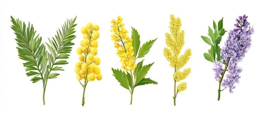 Aufkleber - Mimosa and lilac flower branches collection on white background showcasing vibrant colors and natural beauty in floral design