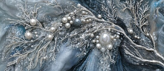 Poster - Elegant close-up of intricate white lace design embellished with shimmering pearls and textured details on a fluid background.
