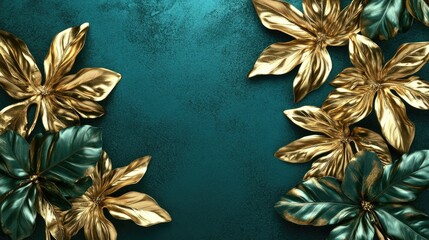 Poster - Luxury gold leaves and lush greenery arranged elegantly on a teal background with ample copy space for artistic or promotional designs