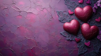 Poster - Violet backdrop with textured lace and red hearts ideal for romantic postcards or celebrations of love and affection