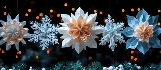 Poster - Colorful Paper Snowflakes and Flowers Decorated for Holiday Celebrations with Soft Bokeh Background and Greenery Accents