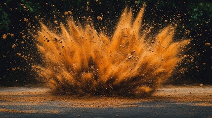 Poster - Brown soil explosion creating an abstract cloud against a dark background, highlighting dynamic particles and textures, nature, motion, abstract art, earthy tones.
