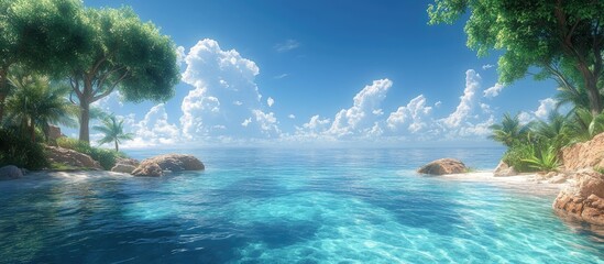 Aufkleber - Tranquil tropical paradise with clear blue waters lush greenery and vibrant clouds creating an idyllic serene atmosphere for relaxation