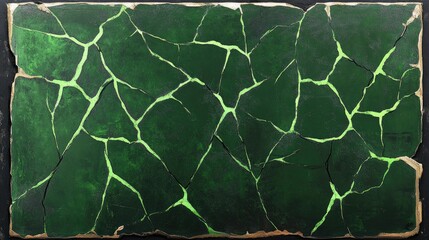 Poster - Cracked green steel surface highlighting fluorescent patterns with vibrant magnetic field contrast for industrial and abstract backgrounds