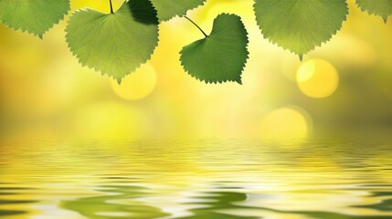 Poster - Green heart-shaped leaves above shimmering water with gentle ripples and a soft golden bokeh background creating a tranquil nature scene.