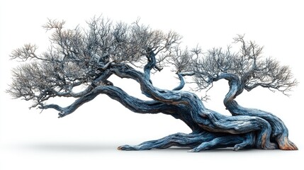 Poster - Twisted, isolated dead tree with gnarled branches and a textured trunk, set against a clean white background, nature, minimalism, artistic presentation.
